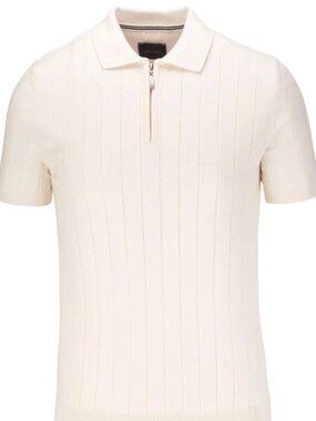 Guide London Cream Wide Rib Knit Quarter Zip Short Sleeve Polo